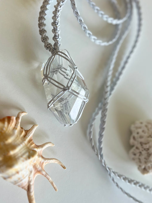 Clear Quartz Leather Talisman (White)