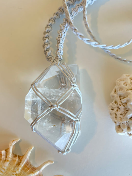 Clear Quartz Leather Talisman (White)